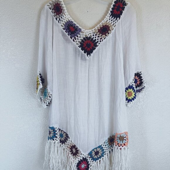 Crochet Trim White Gauze with Fringe Hem Boho Swim Coverup Granny Square S/M - Picture 1 of 9